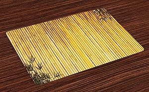 Ambesonne Bamboo Place Mats Set of 4, Bamboo Stems and Leaves Oriental Nature Wood Image Natural Wildlife Theme, Washable Fabric Placemats for Dining Table, Standard Size, Yellow