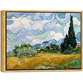 Wieco Art Framed Wall Art of Wheat Field with Cypresses by Vincent Van Gogh Paintings Reproduction Abstract Canvas Prints for Home Living Room Decorations Bronze Gold Frame