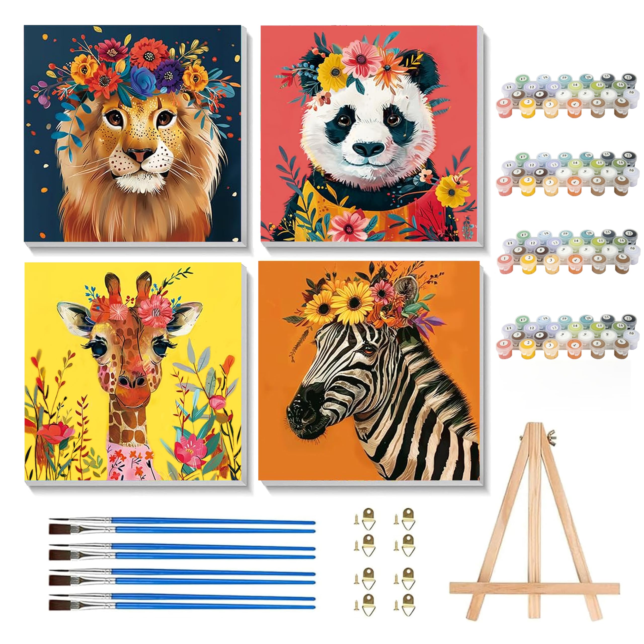 Yunruily 4 Pack Paint by Numbers for Children with Framed - Animal Paint by Numbers Kits for Kids Ages 4-8-12 with Wooden Easel,Paint by Numbers Birthday Christmas Gifts Home Wall Decor 8X8inch — image 1
