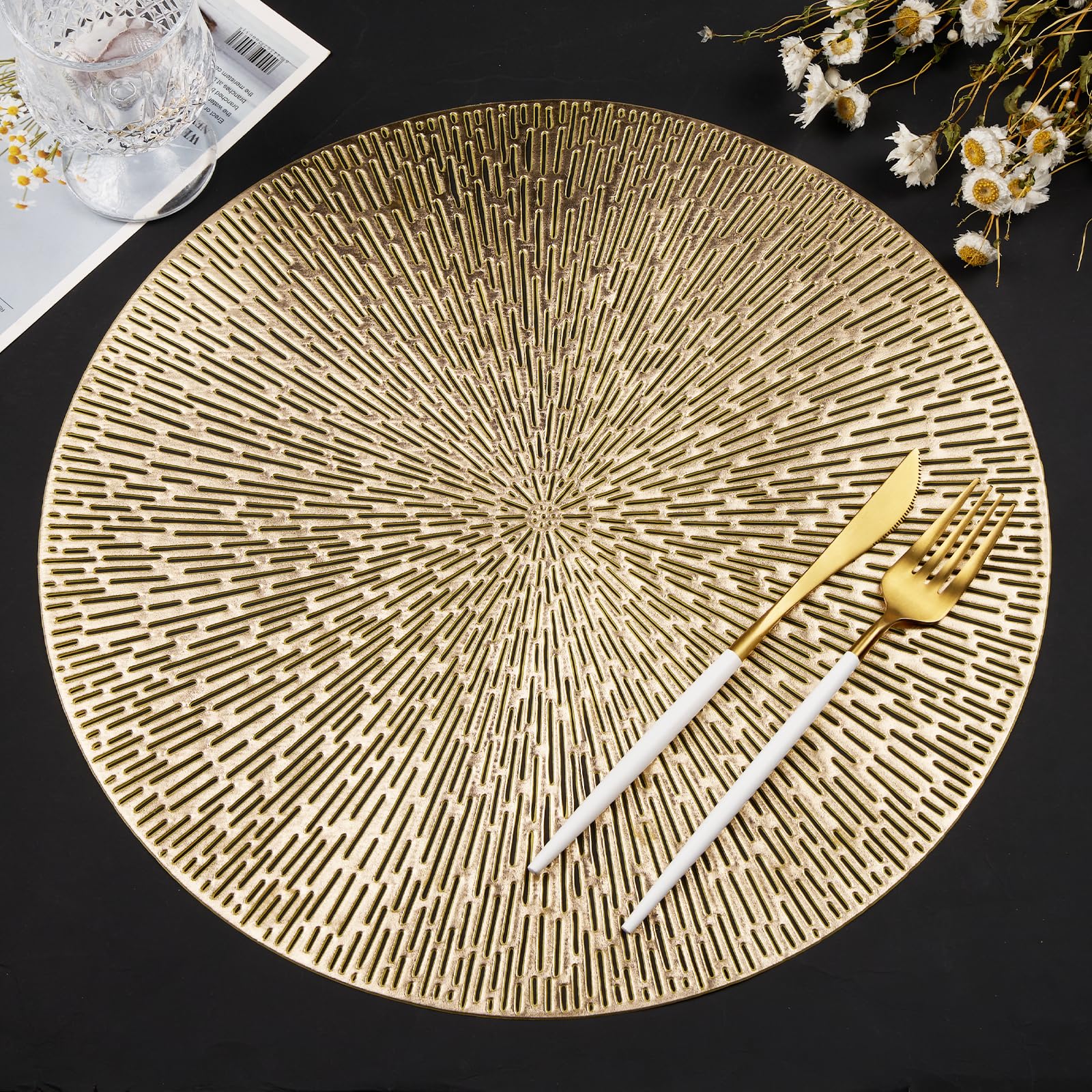 Photo 1 of 15 Inch Round Placemats Set of 6 Gold Metallic Pressed Vinyl Table Mats Non Slip Washable Wipeable Heat Resistant Circle Place Mats for Kitchen and Dining Table Party Decoration