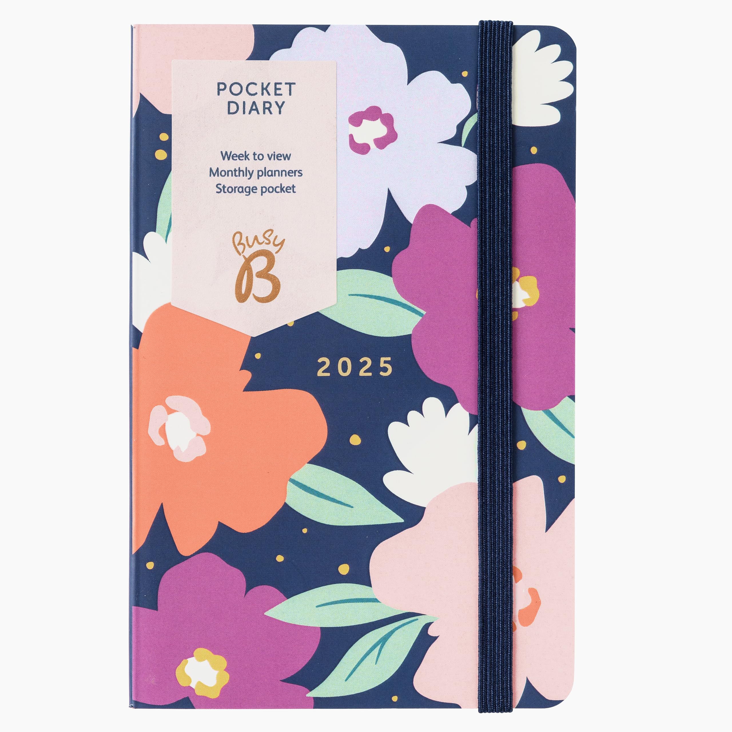 Busy B Pocket Weekly Planner Diary 2025 - Compact Diary for Students, Teachers, Work & More with Week-to-View Layout, Monthly Planners, Notes Pages, Storage Pocket & Elastic Closure Band - Navy Daisy