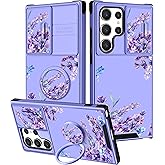 Goocrux (2in1 for Samsung Galaxy S23 Ultra Case Floral Flowers for Women Girls Girly Phone Cover Cute Lavender Flower Design with Slide Camera Cover+Ring Holder Purple Cases for S23 Ultra 5G 6.8''
