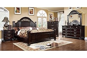 24/7 Shop at Home Syracuse 6-Piece Traditional Solid Wood Bedroom Set with Chest, Mirrored-Dresser and 2 Nightstands, Box Spring Required for Bedroom, Guest Room, California King, Walnut