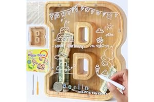 weallbuy Large Letter Piggy Bank for Kids Boys Girls Wooden Personalized Piggy Banks A-Z with Target Area Clear Alphabet Banknote Coin Banks for Gift Decoration Baptism (B)