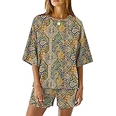 LOMON Two Piece Sets for Women Summer 3/4 Sleeve Tops and Elastic Waist Shorts Pajamas Cute Comfy Soft Lounge Striped Pjs