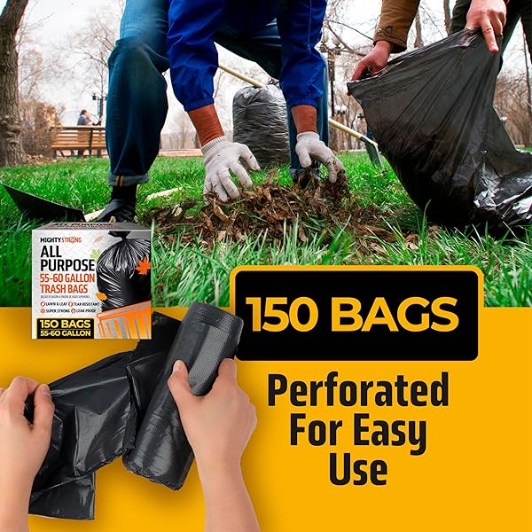 150 PACK 55 GALLON TRASH BAGS – BLACK LARGE GARBAGE BAGS | EXTRA LARGE 50-60 GALLON LAWN AND LEAF BAGS | HEAVY DUTY PLASTIC OUTDOOR YARD WASTE BAGS – PACKING MAY VARY