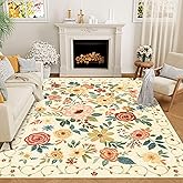 DUKINO 5x7 Area Rug, Floral Rugs for Living Room, Lightweight Non Slip Washable Rug, Indoor Low Pile & Non-Shedding Boho Design Rugs for Bedroom, Living Room, Dining Room, Beige Yellow