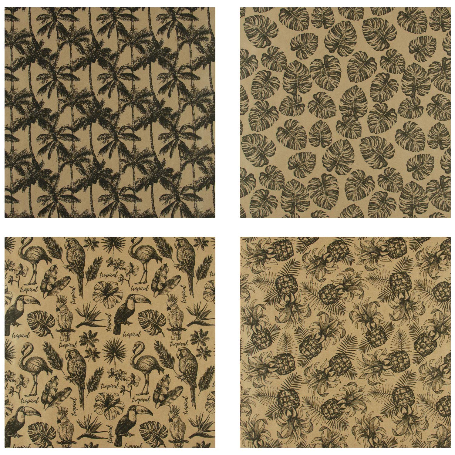RUSPEPA Kraft Wrapping Paper Roll - Black Tropical Summer Elements Printed Great for Congrats, Holiday and Special Occasion - 4 Roll - 30Inch X 10Feet Per Roll