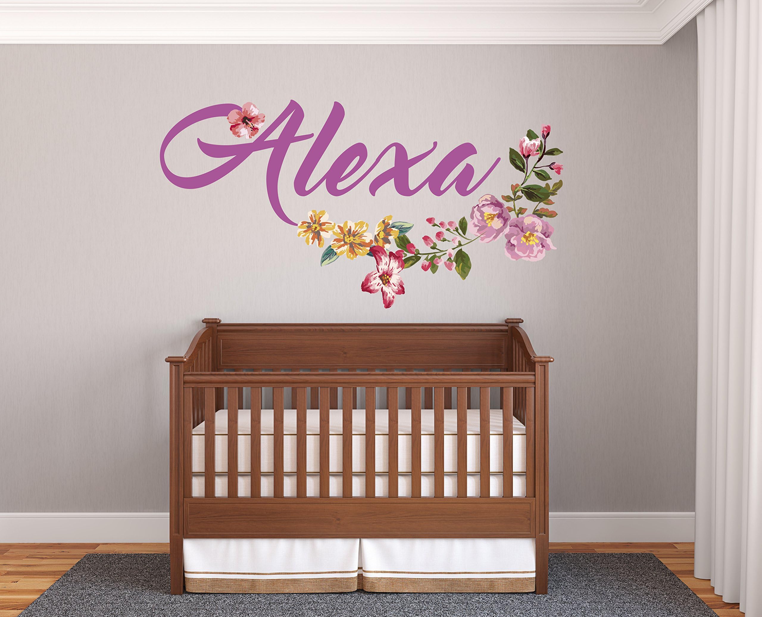 Personalized Name Flower Wall Decals I Name Decals for Walls I Wall Decals for Girls Bedroom | Flower Decals for Walls I Wall Decals Girls Room I Wall Stickers for Girls Room (A. Watercolor Flowers)