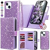 Varikke for iPhone 13 Wallet Case Detachable with Card Holder for Women, Fashion Glitter PU Leather Wrist Strap Strong Magnetic Flip Wallet Removable Phone Case Cover for iPhone 13 6.1", Light Purple