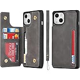 iCoverCase Compatible with iPhone 14 Wallet Case with Card Slots Holder and Wrist Strap PU Leather Kickstand Double Magnetic Clasp Shockproof Cover Case 6.1 Inch (Gray)