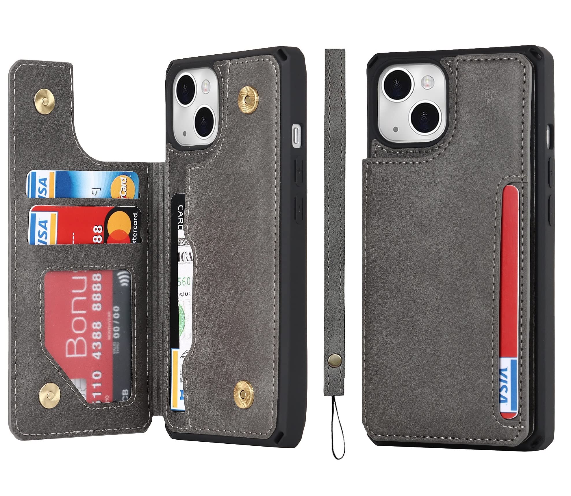 Photo 1 of iCoverCase Compatible with iPhone 14 Wallet Case with Card Slots Holder and Wrist Strap PU Leather Kickstand Double Magnetic Clasp Shockproof Cover Case 6.1 Inch (Gray)