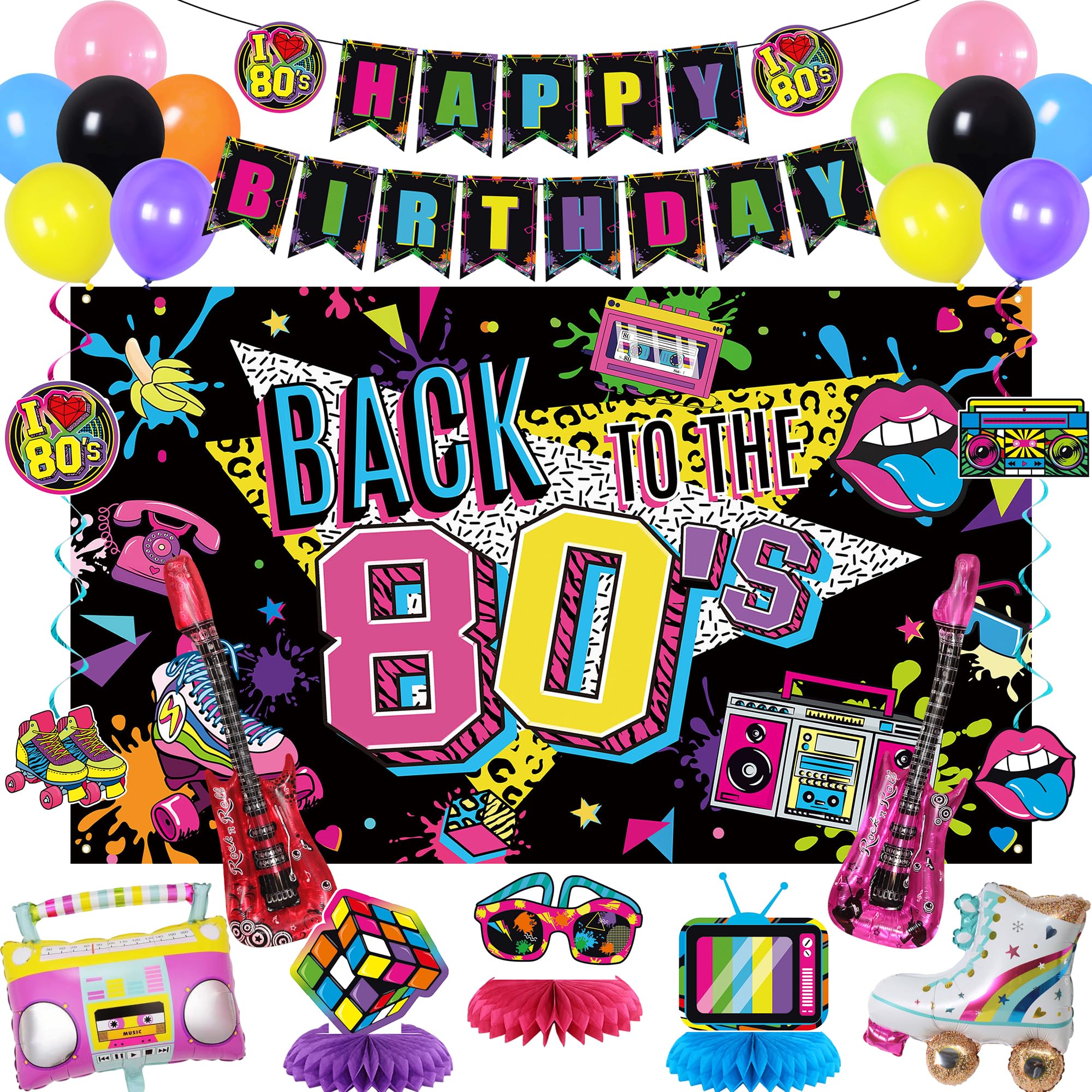 Photo 1 of Holkcog 80s Party Decorations, 80’s Theme Birthday Party Decorations Supplies, 1980’s Party Supply With Back To The 80's Banner Backdrop , Radio and Rock Guitar Ballons, 90s Theme Birthday Decor women
