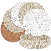 Large Trivets for Hot Dishes, Pots and Pans, Hot Pads with Storage Basket, Pot Holders Heat Resistant Mats, Farmhouse Home Essentials Kitchen Decor 9 Inch (Mix Brown 5 Pcs)