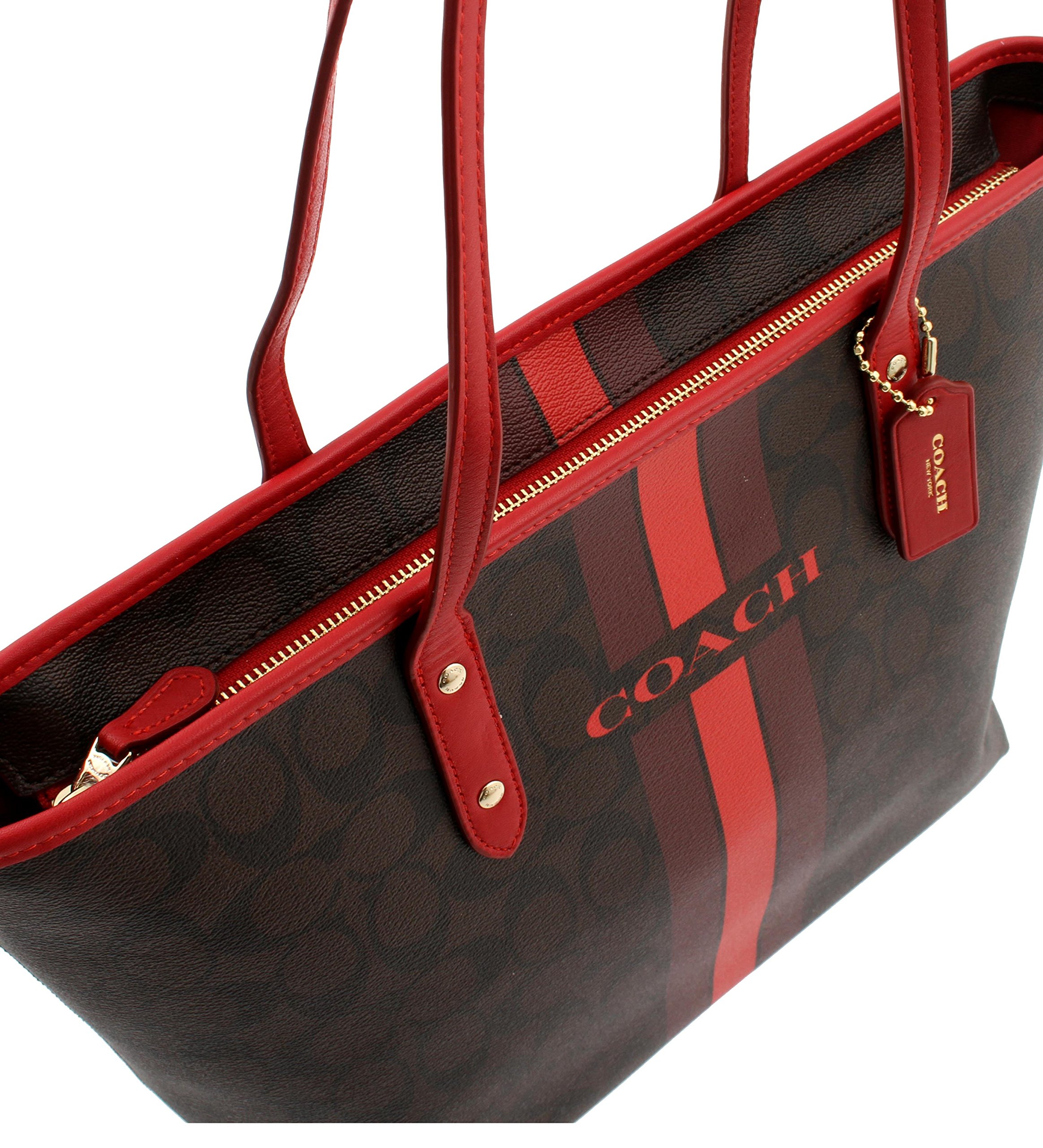 Coach Signature Varsity Stripe City Zip Tote in Brown/True Red, F38405