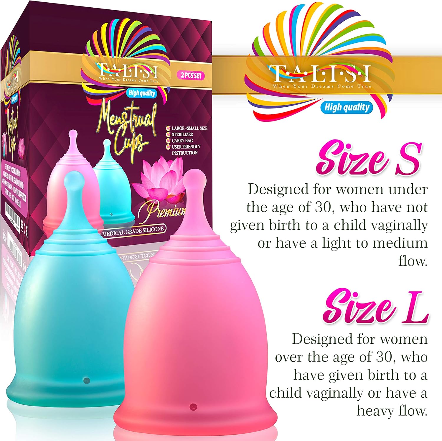 Talisi Reusable Feminine Menstrual Cups – Set of 2 Menstruation Period Cups for Women with Collapsible Sterilization Cup and Carry Bag - Alternative to Tampons and Pads - Regular and Heavy Flow: Health & Personal Care