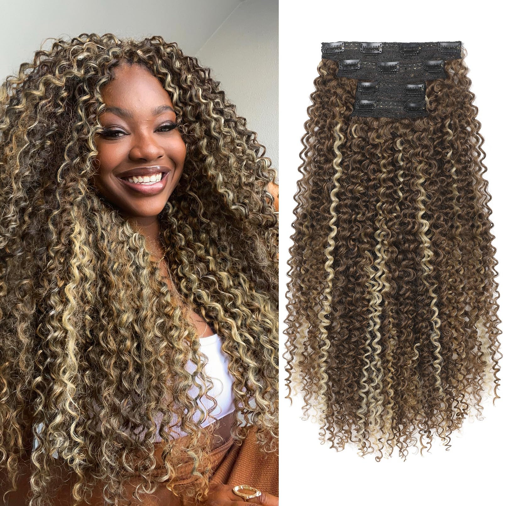 Photo 1 of FLUFYMOOZ Clip in Hair Extensions, 20" 4PC 100? Pure Protein Silk Hair Extensions for Black White Women Long Soft Curly Hair Extension Hairpiece(Medium Brown with Blonde Highlight)