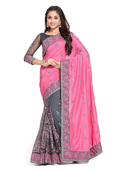 Womanista Crepe with Blouse Piece Saree (TI1174_Pink & Grey_One Size)