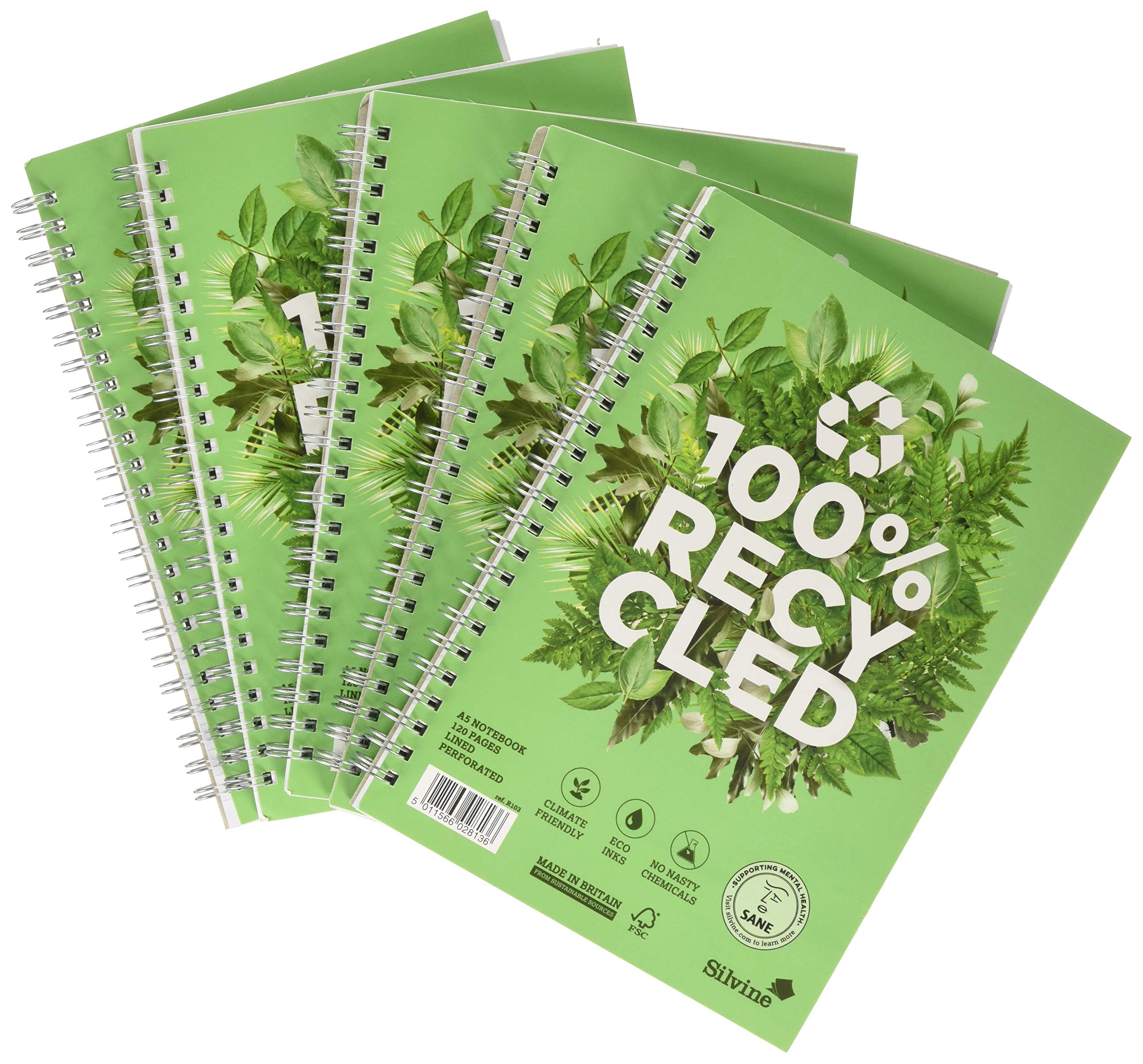 Silvine Premium Notebook Recycled Wirebound Ruled 120pp 80gsm A5 Ref R103 [Pack of 5]