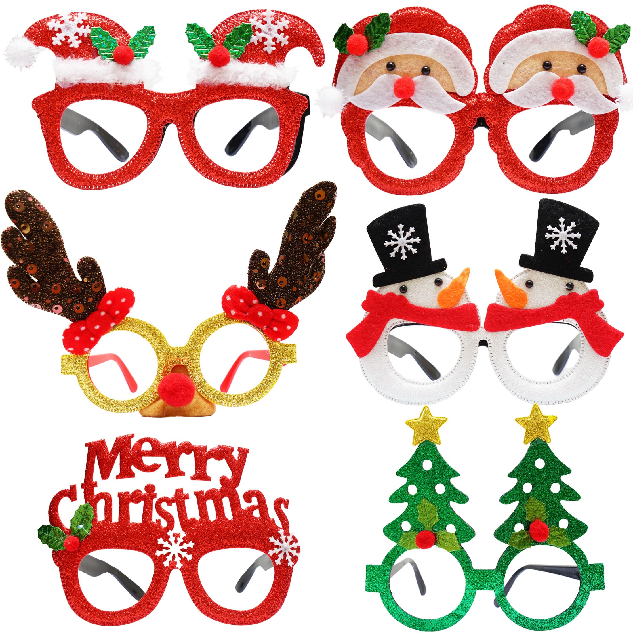 Christmas Glasses, Christmas Decorations Eyeglasses with Glitter Party Glasses Frames, Fun and Festive Designs for Christmas Parties and Photo Booth, New Year Favors
