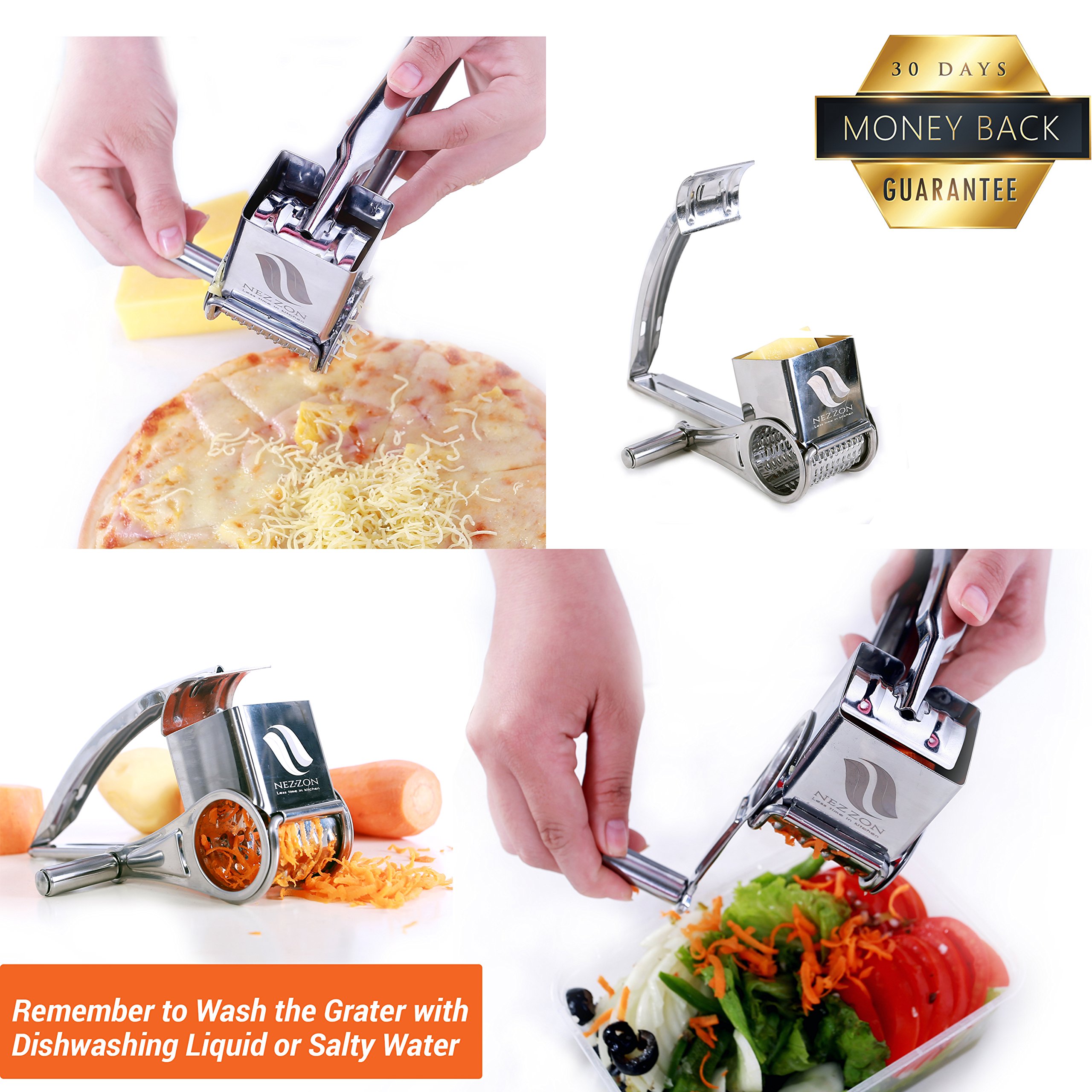 Rotary Cheese Grater Slicer Shredder with 3 Stainless Steel Drums for Soft and Hard Cheese, Chocolate, Nuts, Vegetables, Fruits. With a FREE 101 Tips and Techniques for Cooking Like a Chef E-book