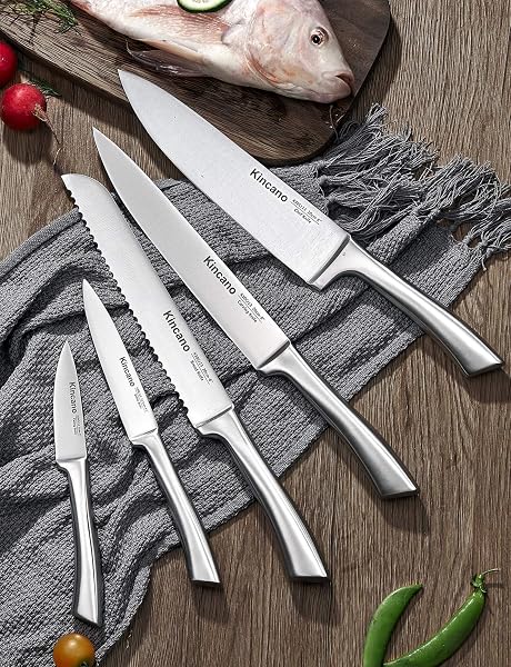 KNIFE SET, 14 PCS HIGH CARBON STAINLESS STEEL SUPER SHARP KITCHEN KNIFE SET FOR CHEF WITH ACRYLIC STAND, INCLUDE STEAK KNIVES, SHARPENER AND SCISSORS, ERGONOMICAL DESIGN BY KINCANO