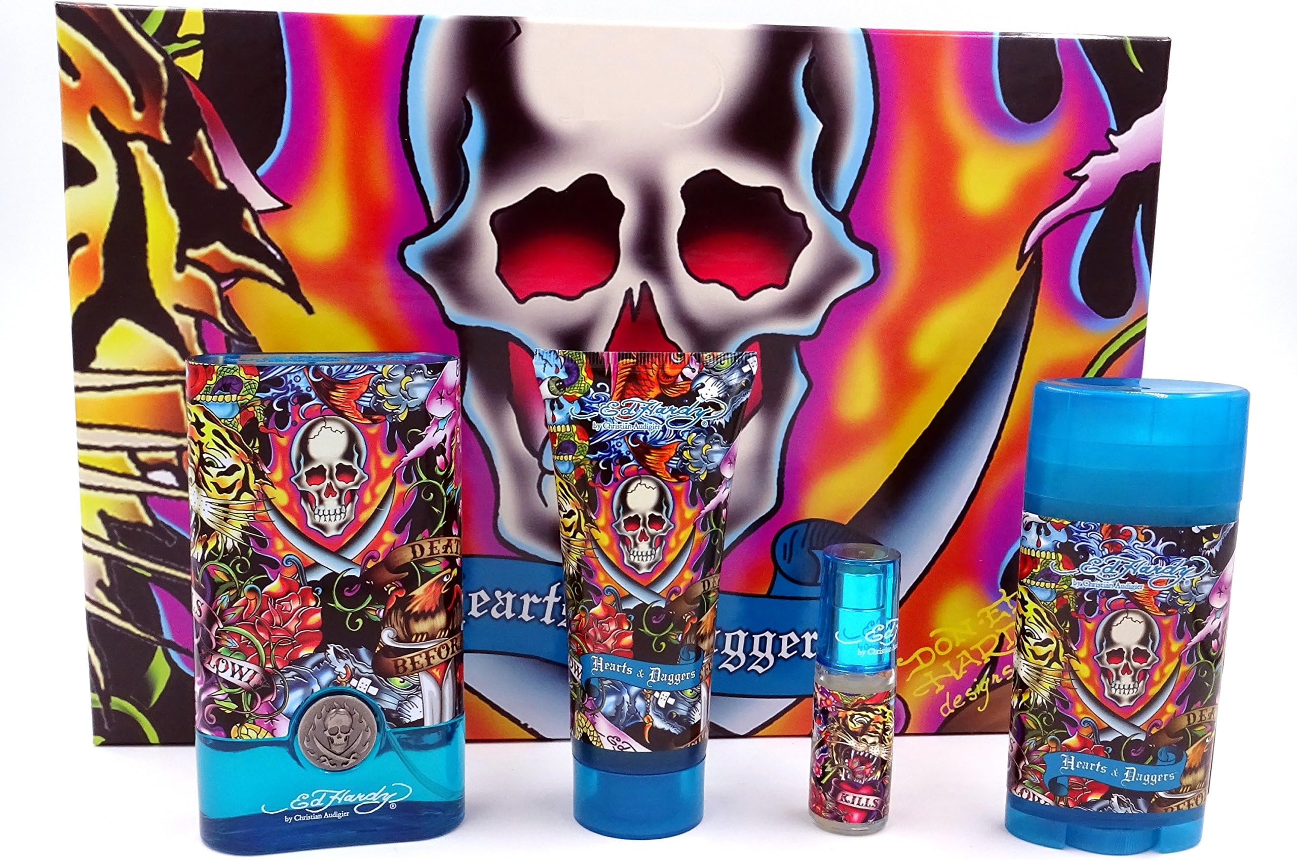 ED HARDY HEARTS & DAGGERS by Christian Audigier Gift Set for MEN: EDT SPRAY 3.4 OZ & DEODORANT STICK ALCOHOL FREE 2.75 OZ & HAIR AND BODY WASH 3 OZ & EDT SPRAY .25 OZ MINI