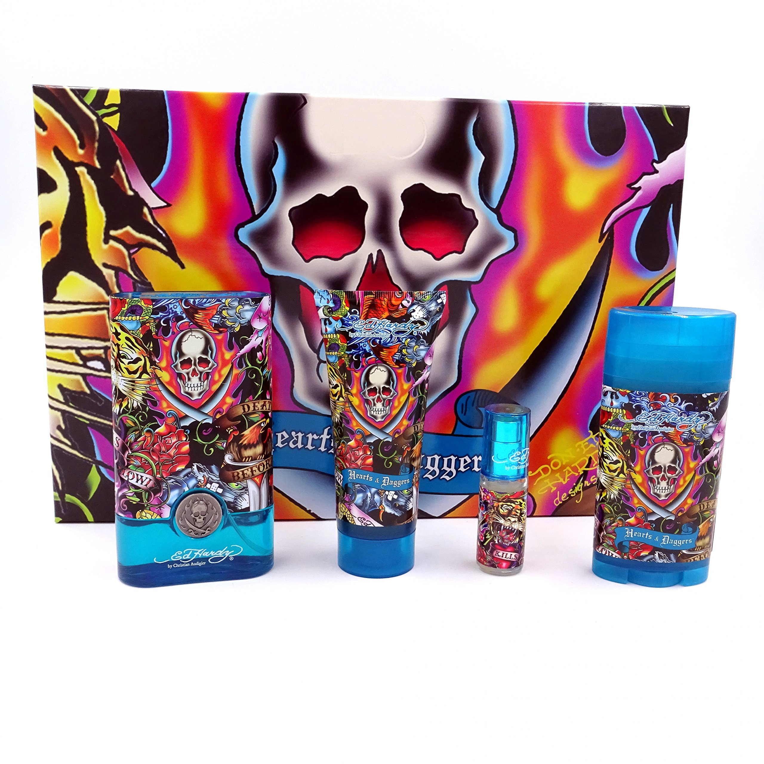 ED HARDY HEARTS & DAGGERS by Christian Audigier Gift Set for MEN: EDT SPRAY 3.4 OZ & DEODORANT STICK ALCOHOL FREE 2.75 OZ & HAIR AND BODY WASH 3 OZ & EDT SPRAY .25 OZ MINI