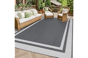 HappyTrends Outdoor Rug Reversible Portable Plastic Straw Camping Rugs for Outside RV,Large Waterproof Outdoor Area Rugs for Patio,Deck,Porch,Balcony(5'x 8',White&Gray)