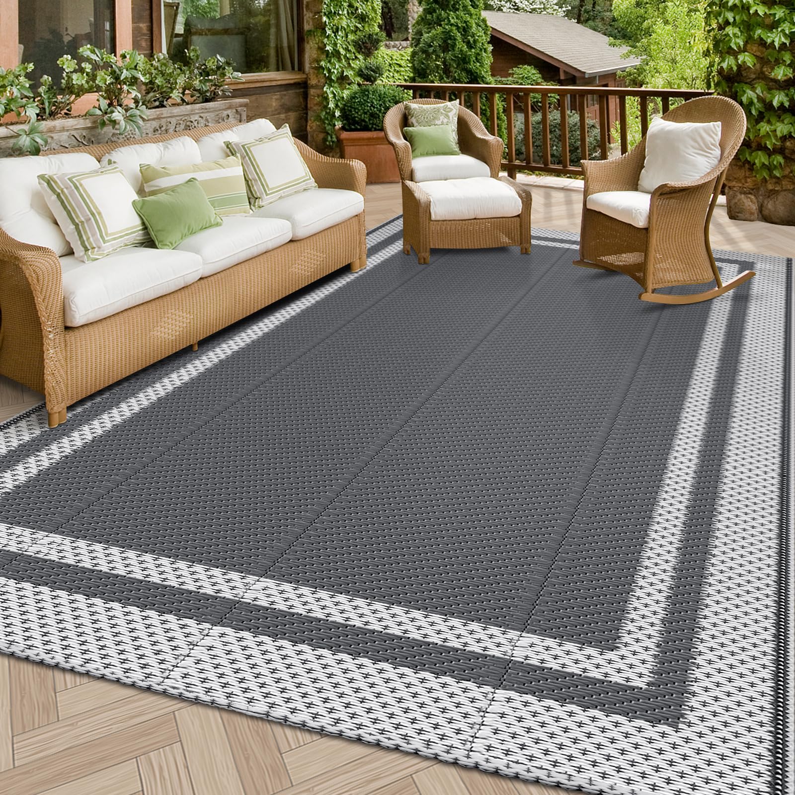 Photo 1 of HappyTrends Outdoor Rug Reversible Portable Plastic Straw Camping Rugs for Outside RV,Large Waterproof Outdoor Area Rugs for Patio,Deck,Porch,Balcony(5'x 8',White&Gray)