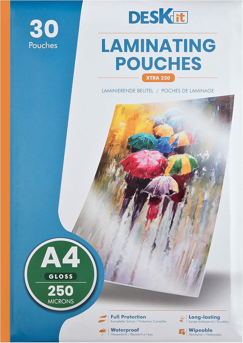 Deskit A4 Laminating Pouches Gloss 250 Micron 30 Sheets Clear
