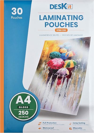Deskit A4 Laminating Pouches Gloss 250 Micron 30 Sheets Clear