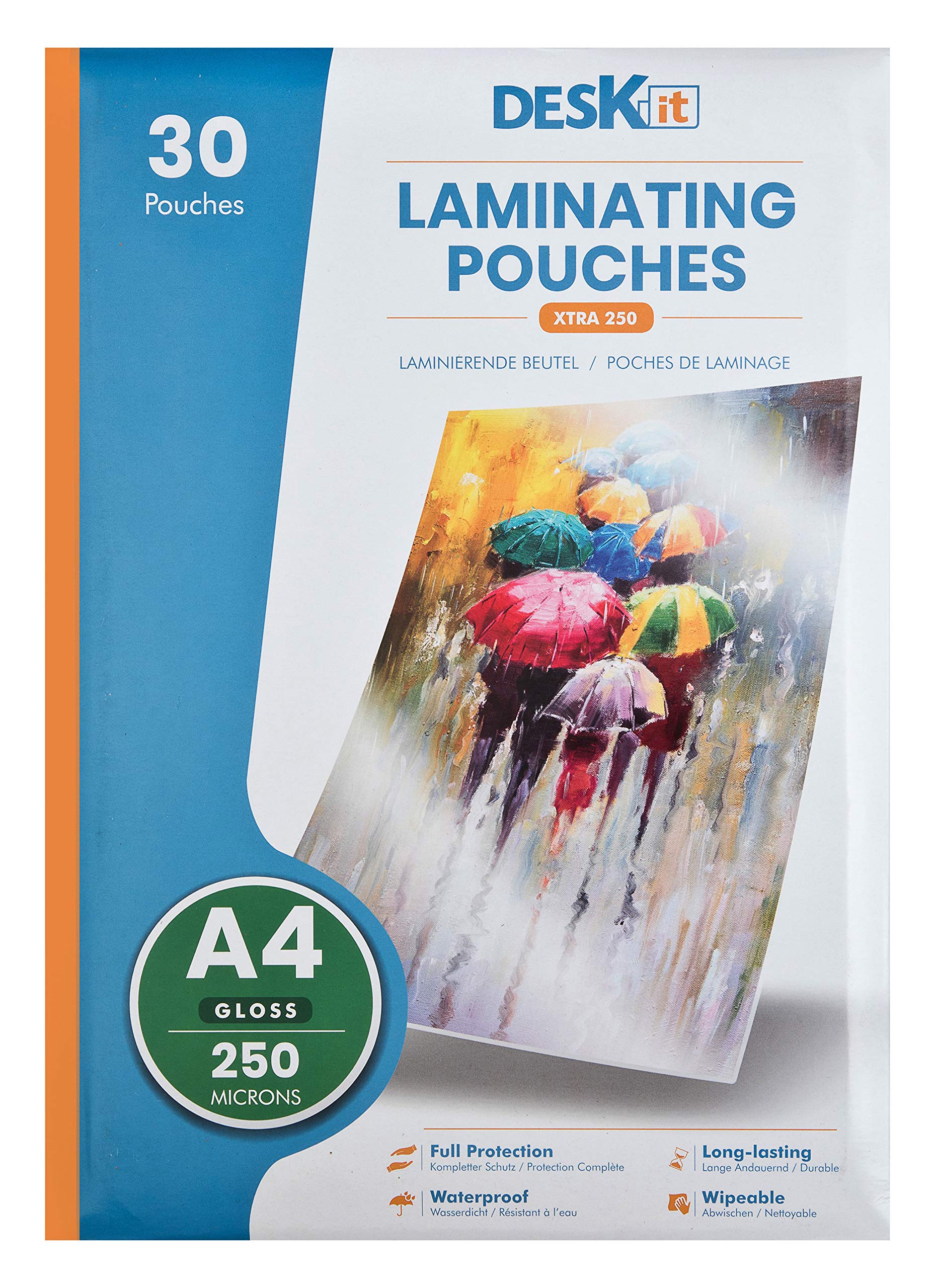 Deskit A4 Laminating Pouches, Gloss, 30 Sheets, 250 Microns - Clear and Durable Presentations - Extra-Strong for Long-Lasting Documents