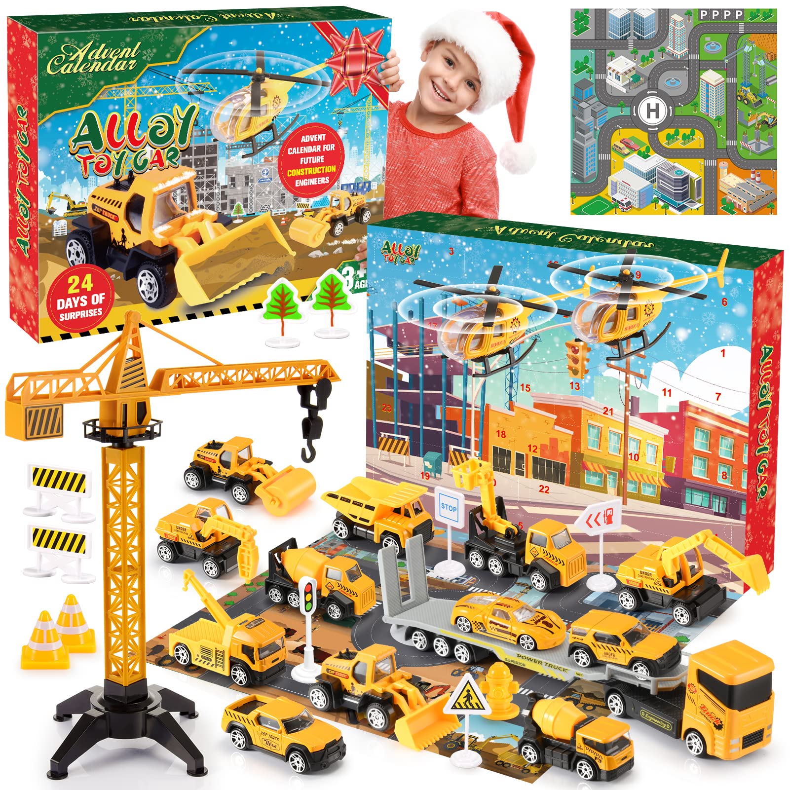 Photo 1 of 2025 Christmas Advent Calendar,Alloy Construction Engineering Vehicle Toys for 3-8 Year Old Boys Girls 24 Days Countdown Calendar Stocking Stuffer Christmas Countdown Gifts for 3-8 Year Old Boys Girls (Yellow)