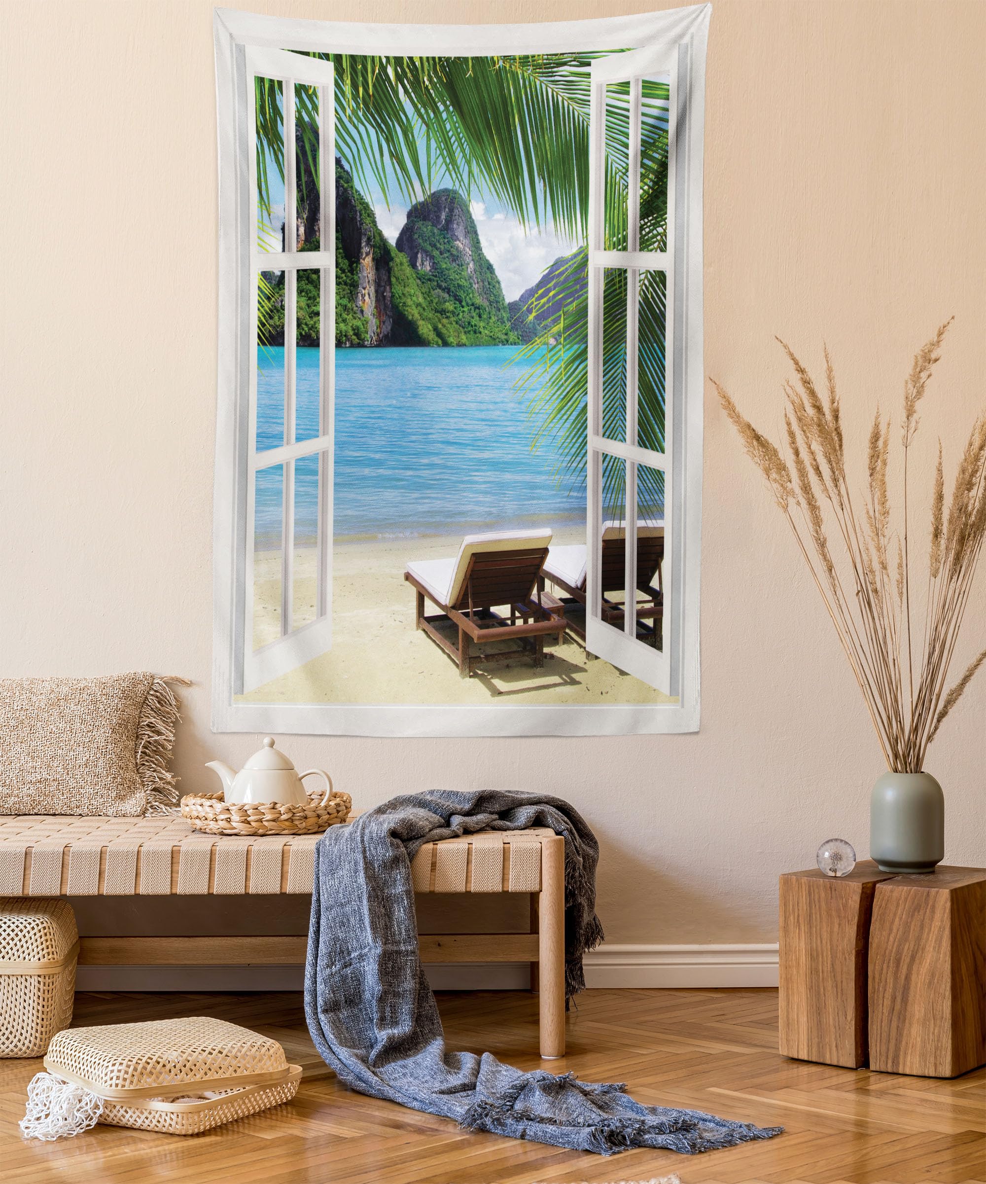 ABAKUHAUS Nautical Home Tapestry, Ocean Beach Seascape Sunbeds Balcony Summer Picture Tropical Island, Fabric Wall Hanging Decor for Bedroom Living Room Dorm, 54 W X 90 L, Blue Green and White