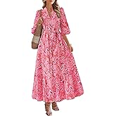 MASCOMODA Womens Floral Maxi Dresses Boho Summer Casual V Neck 3/4 Puff Sleeve Button Down Tie Waist Long Flowy Shirt Dress