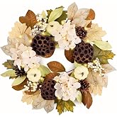 DecorbyHannah 18'' Fall Wreath for Front Door with Lights &Pumpkin Pinecone | Pre-Lit Autumn Harvest Thanksgiving Lighted Wre