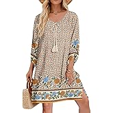 Zeagoo Womens Boho Dresses Casual Beach Summer Dress Tassel Tie Neck 3/4 Long Sleeve Mini Sundress 2026 Floral Print Cover Up