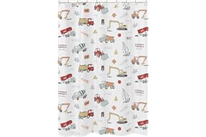 Sweet Jojo Designs Construction Truck Bathroom Fabric Bath Shower Curtain - Grey Yellow Orange Red and Blue Transportation