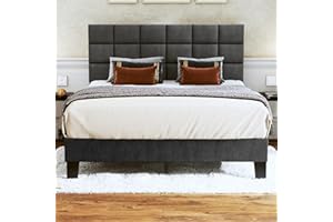 Fluest Queen Bed Frame Upholstered Platform with Adjustable Headboard Linen Fabric Tufted Wooden Slats Support, No Box Spring Needed, Easy Assembly, Mattress Foundation, Dark Grey