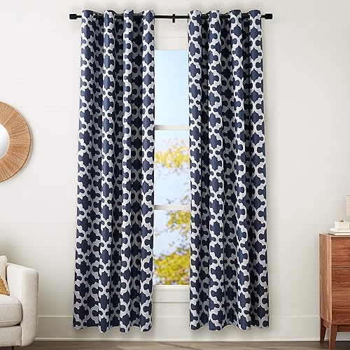 Amazon Basics Room-Darkening Blackout Curtain Set with Grommets - 52" x 84", Navy Lattice