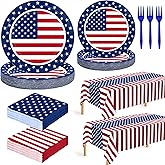 QZYL 122 PCS 4th of July Decorations, Patriotic Plates and Napkins, Disposable Fourth of July Paper Plate and Napkin Tablecloth Forks, American Flags Design Memorial Day Party Supplies