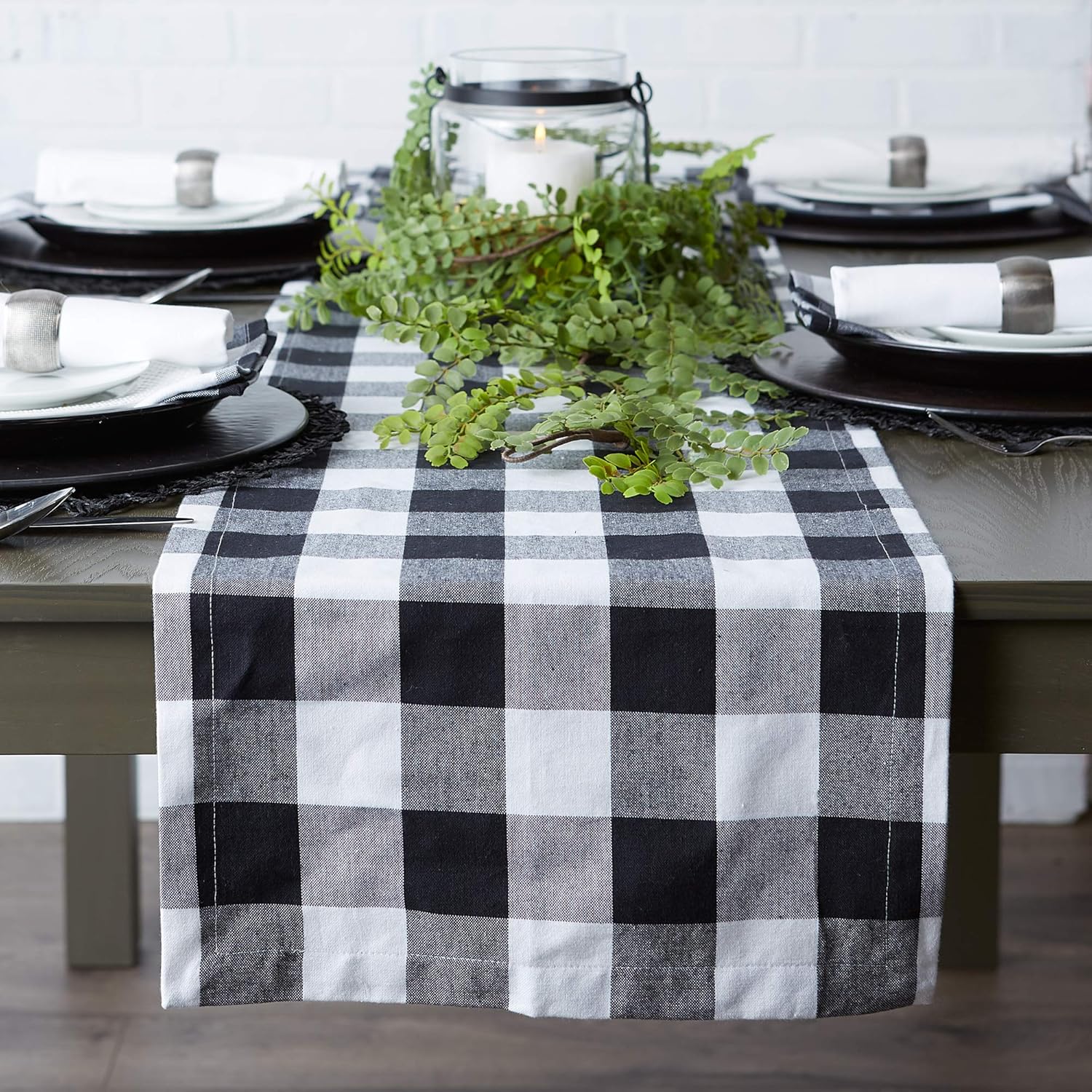 DII Classic Buffalo Check Tabletop Collection for Family Dinners, Special Occasions, Barbeques, Picnics and Everyday Use, 100% Cotton, Machine Washable, Table Runner, 14x72, Black & White: Kitchen & Dining