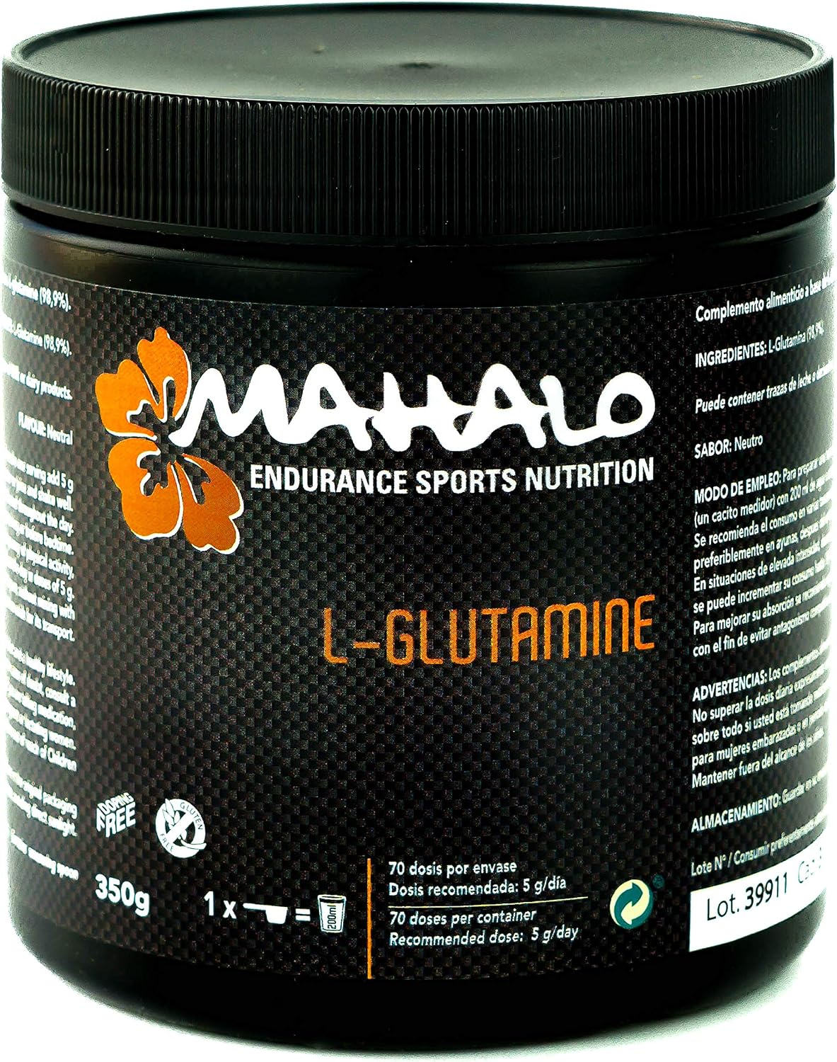 MAHALO L-GLUTAMINE. 350 g. Complemento alimenticio en polvo de sabor neutro a base de L-Glutamina con un 98,9% de pureza.