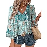 Unixseque Summer Boho Womens Tops Floral Print Dressy Casual V-Neck Tie Front Trendy Fall 3/4 Sleeve Blouses