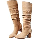 Erocalli Suede Knee-High Boots Fall Boot For Women Chunky Block High Heel Slouch Fashion Boot Round Toe Side Zipper