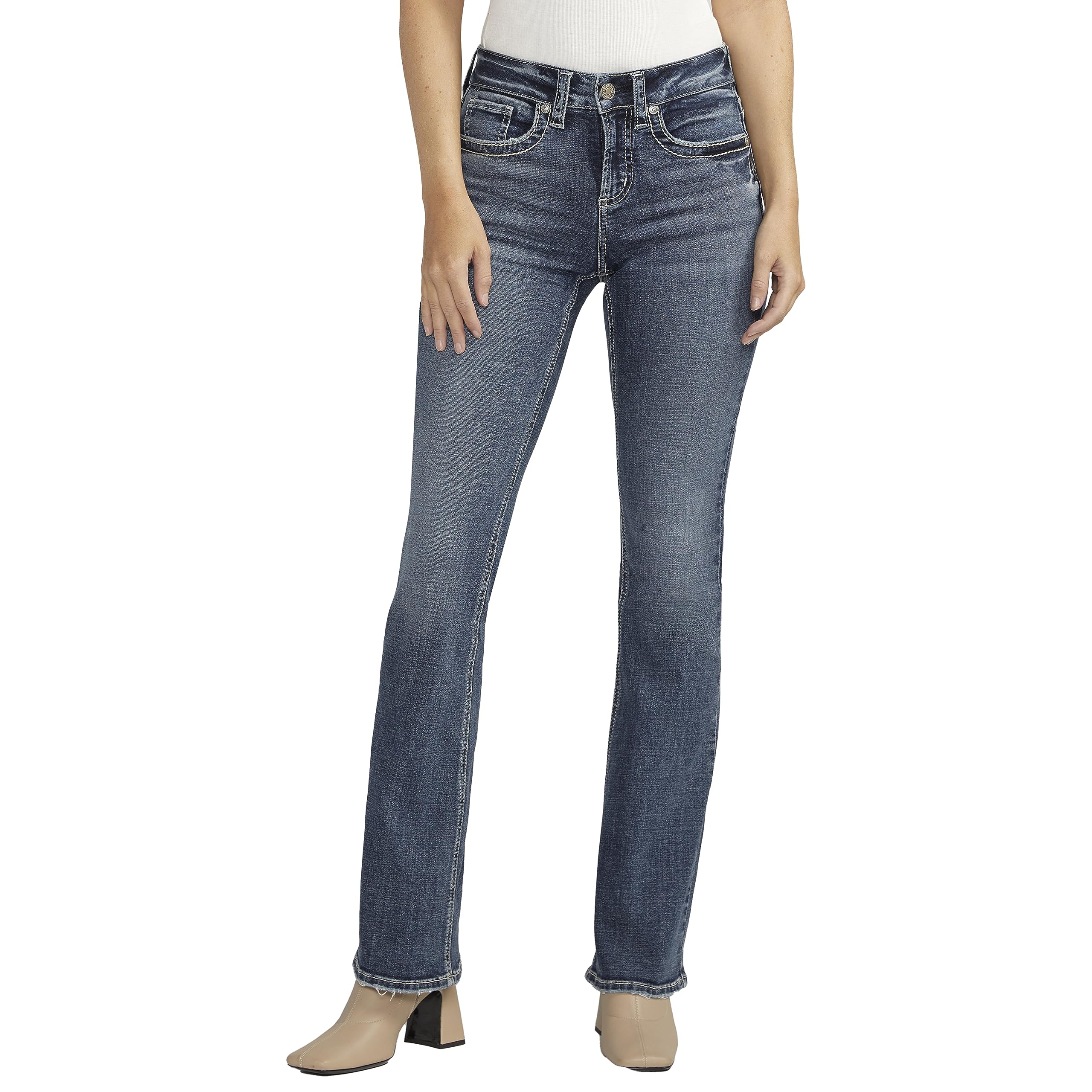Silver Jeans Co. Women’s Suki Mid Rise Curvy Fit Bootcut Jeans, Med Wash ECF365, 32W x 35L