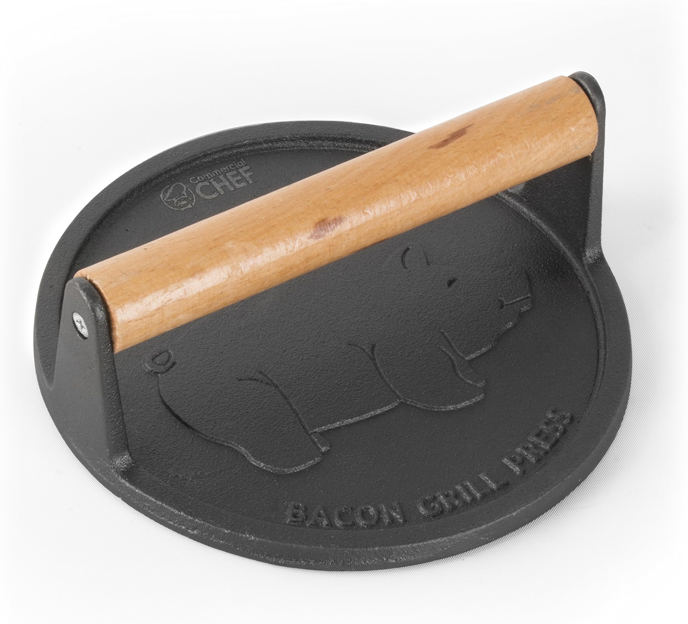 Commercial Chef Bacon Grill Press with Wood Handle, 7 Inch, Cast Iron, Round Flat Shape, CHCI701