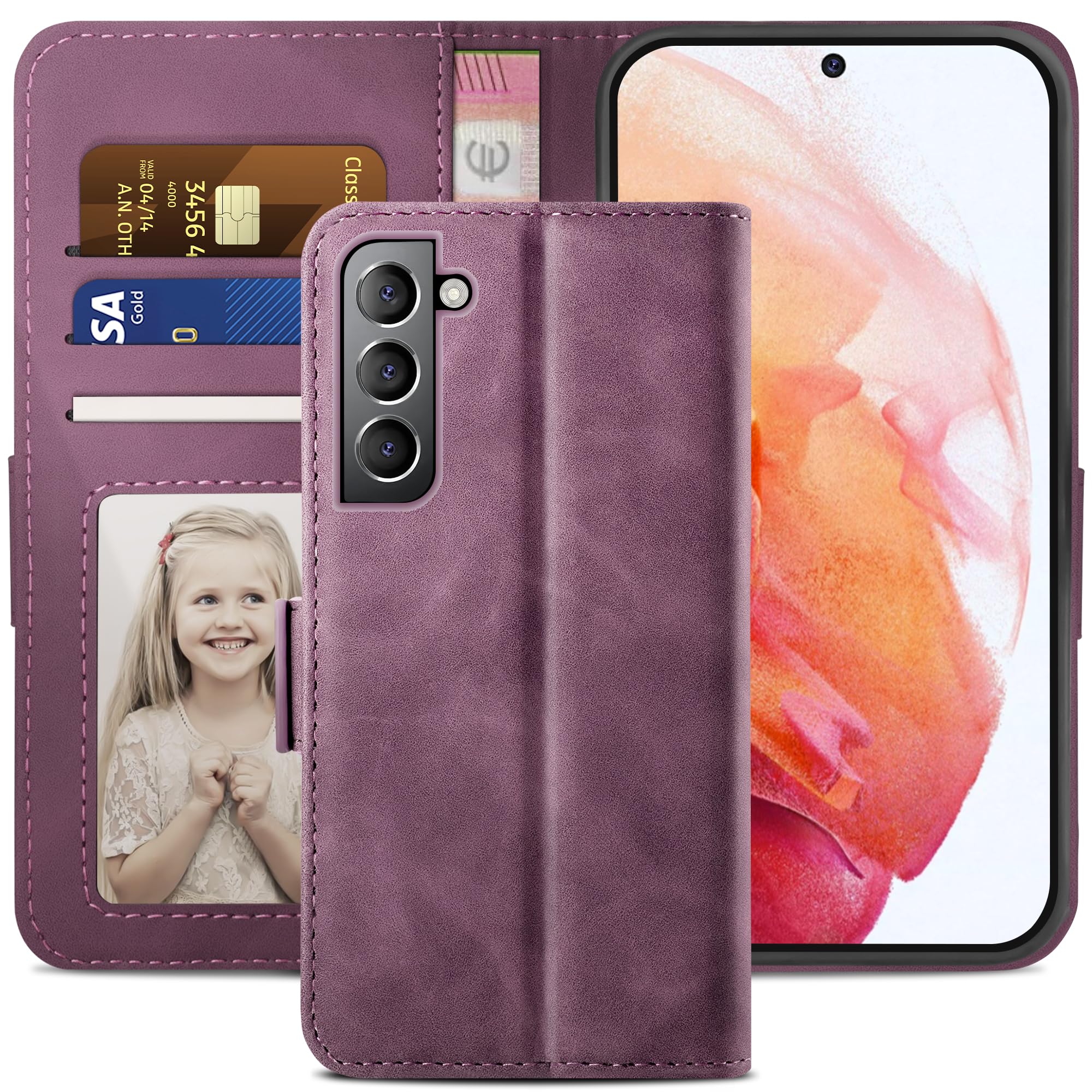 YATWIN Compatible with Samsung Galaxy S21 Case, Flip Wallet Leather Case with Card Slot and Shockproof Function Kickstand Phone Cases Cover for Samsung S21 - Wine Red — image 1