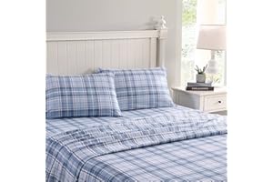 Laura Ashley - Flannel Sheets Twin Size, Anti-Pilling & Wrinkle Resistant Cotton, Touchably Soft for All-Season Comfort - Bed Sheets with Matching Pillowcase & Fitted Sheet (Muholland Plaid Blue)